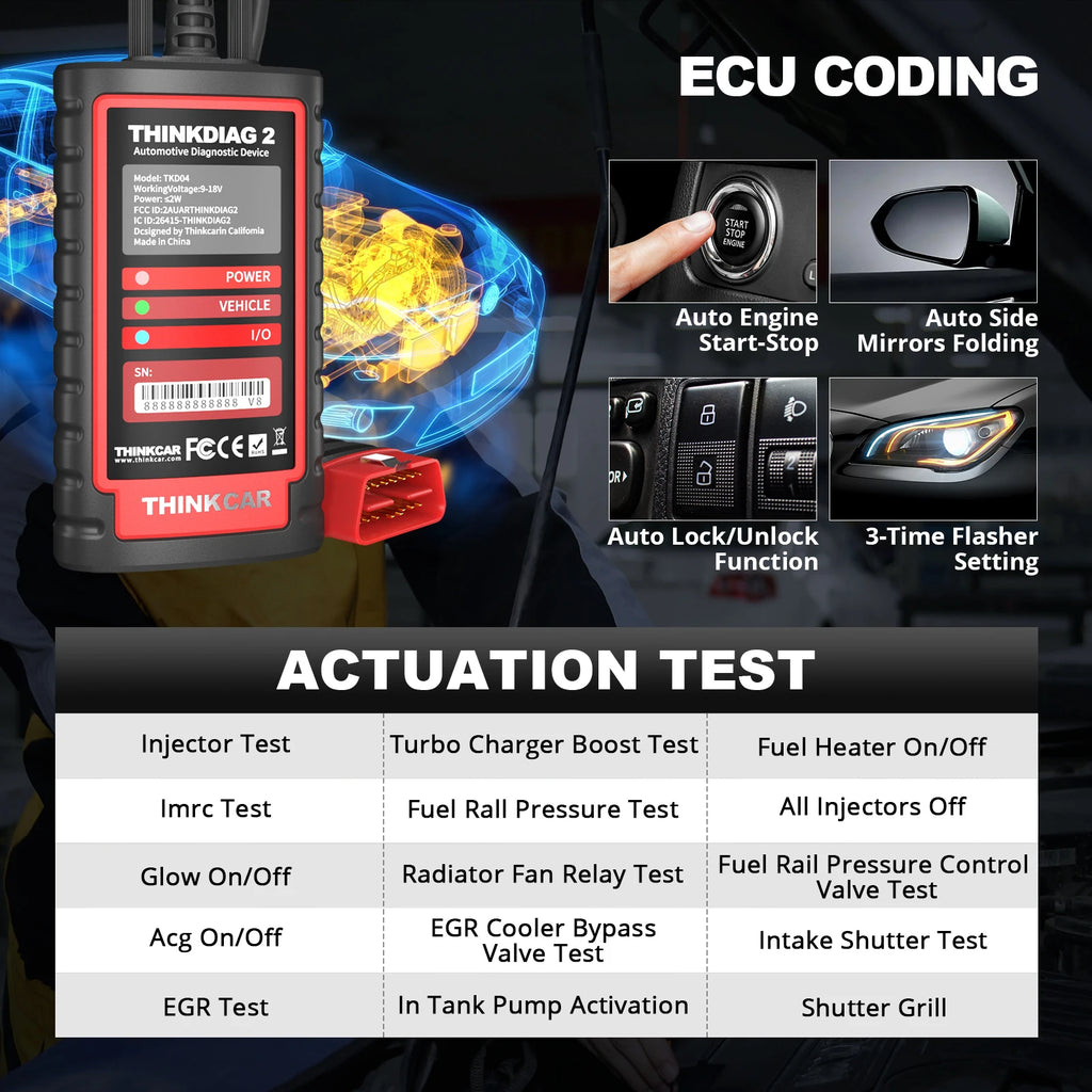US EU Thinkdiag 2 OBD2 Scanner Support CAN FD Protocols Fit for Car Brands Free Full Softwares 16 Reset Functions ECU Code