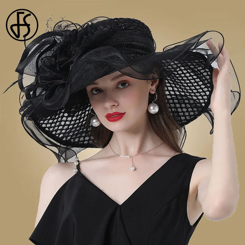 FS Women Organza Red Hats Wedding Fascinators Elegant Big Wide Brim Fedora Kentucky Derby Hats Party Formal Church Ladies Hat