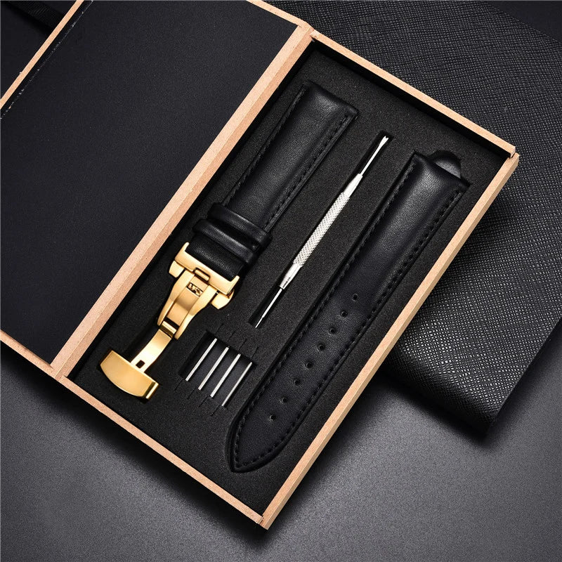 18mm 20mm 22mm 24mm Leather Watch Strap with Box Stainless Steel Butterly Clasp Leather Strap Bracelet Men Women Watchbands