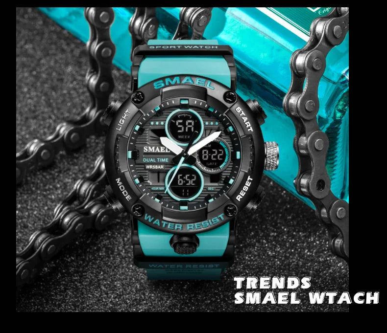 SMAEL Sport Watch for Male Quartz LED Digital Stopwatch Big Dial Clock Waterproof Dual Time Display Wristwatch