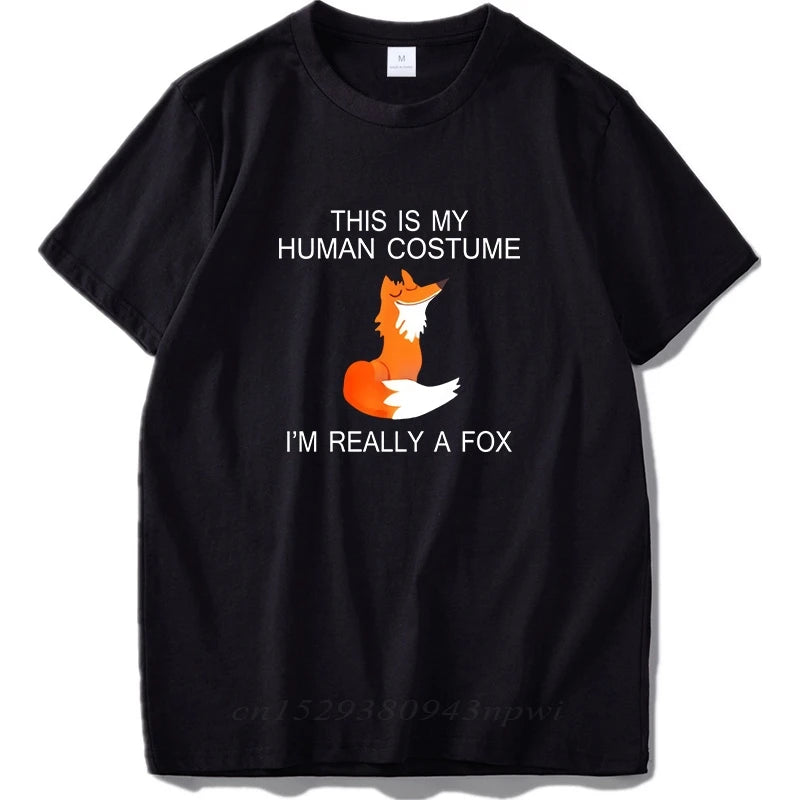 Fox T shirt Men EU Size This Is My Human I'm Really A Fox Funny Cute Animal Black 100% Cotton Tshirt Slim Fit Streetwear