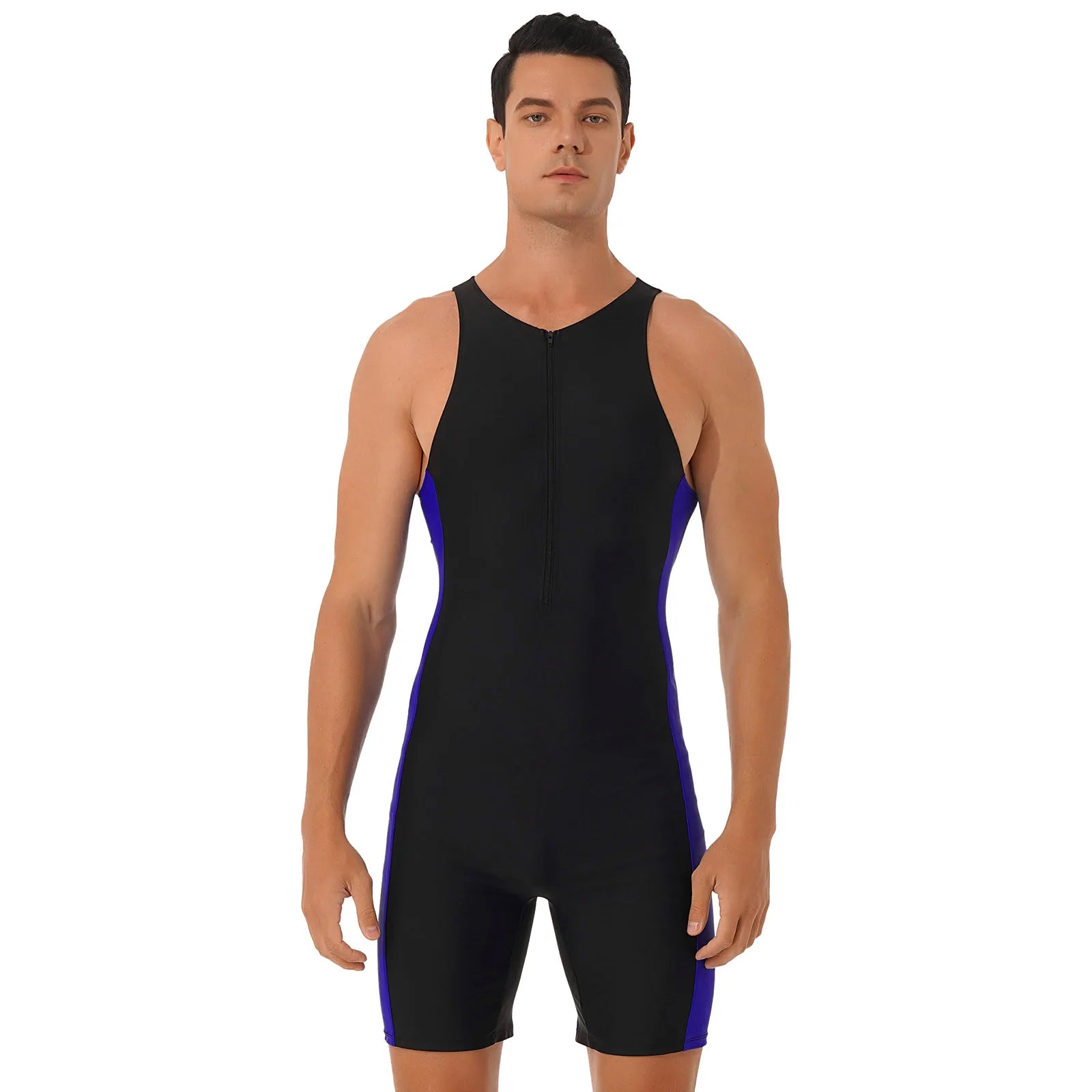 Men One-piece Swimwear Sleeveless Color Contrast Bodysuit Triathlon Wetsuit for Beach Pool Swimming Bathing Suits Male Swimsuits
