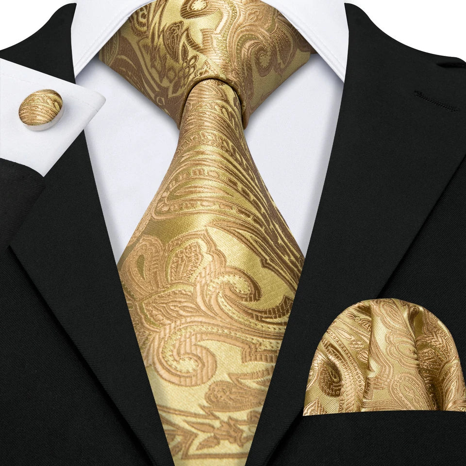 Free Shipping Men's Yellow PaisleyTie Classic Wedding Necktie and Pocket Square Cufflinks Set