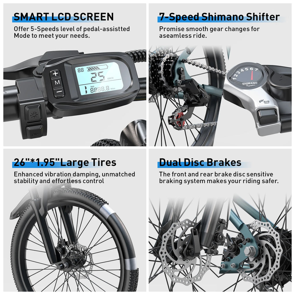 GT300 36V Electric City Bicycle NTC Function 26inch Skinny Rear Hub Motor Pedal-Assist Smart Electronic New Condition