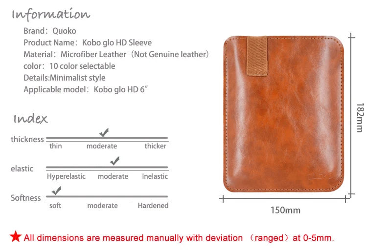 Anti falling style super slim sleeve pouch cover,microfiber leather E-Book sleeve case for Kobo glo HD 6"