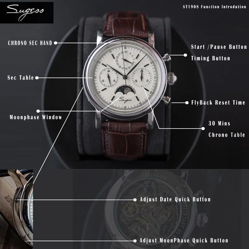 Sugess Chronograph ST1908 Movement Vintage Leather Watch Hand Winding Mechanical 59 Wheels Genuine Moonphase Calendar