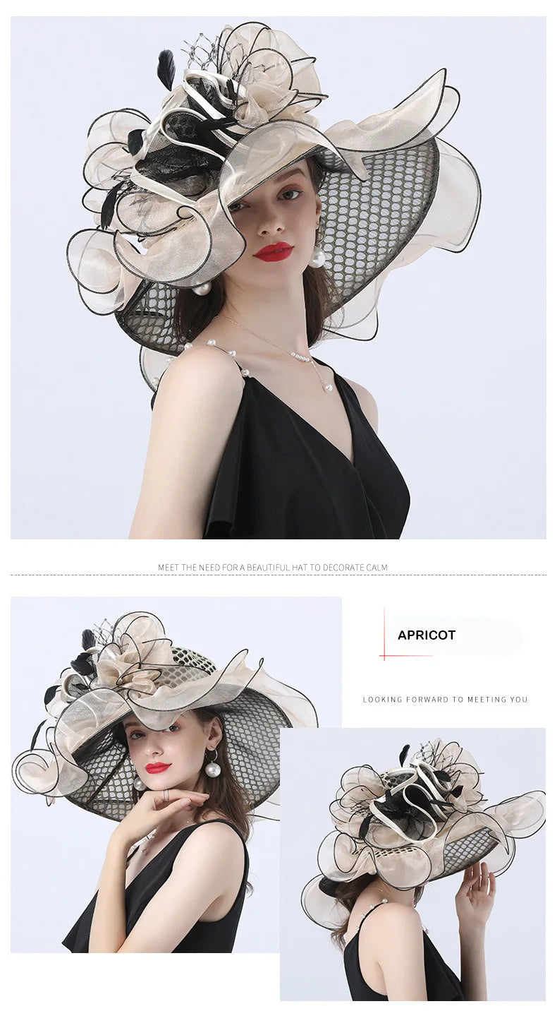 FS Women Organza Red Hats Wedding Fascinators Elegant Big Wide Brim Fedora Kentucky Derby Hats Party Formal Church Ladies Hat