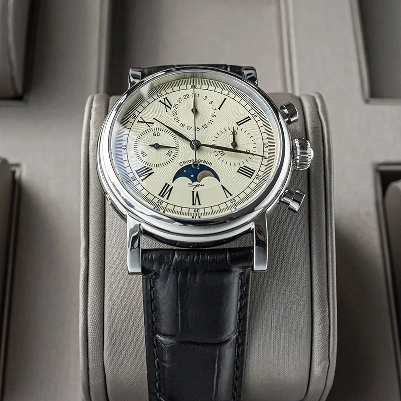 Sugess Chronograph ST1908 Movement Vintage Leather Watch Hand Winding Mechanical 59 Wheels Genuine Moonphase Calendar