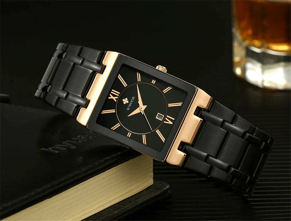 WWOOR Fashion Square White Watches Mens Top Brand Luxury Quartz Wristwatches For Men Casual Waterproof Silver Clock Reloj Hombre
