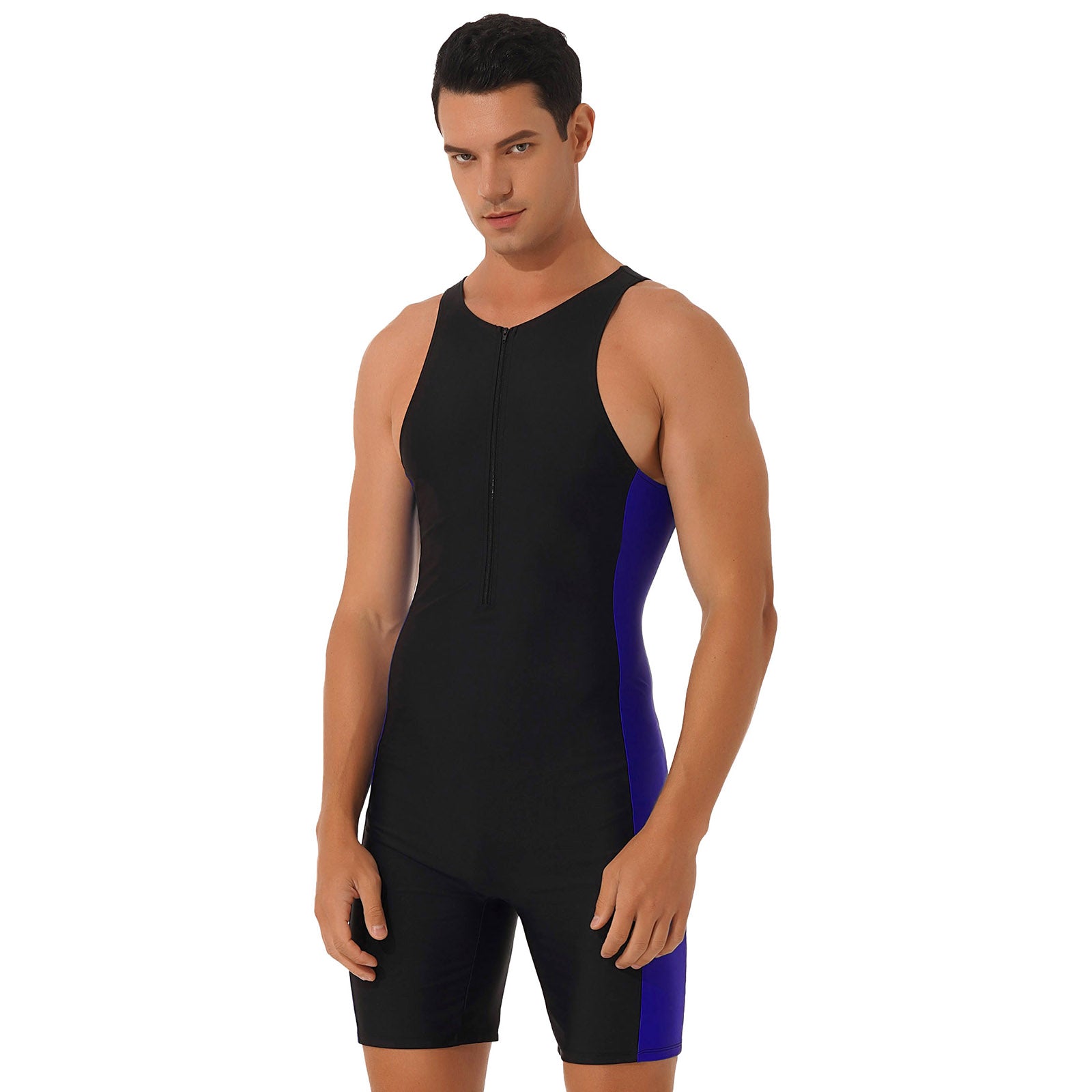 Men One-piece Swimwear Sleeveless Color Contrast Bodysuit Triathlon Wetsuit for Beach Pool Swimming Bathing Suits Male Swimsuits