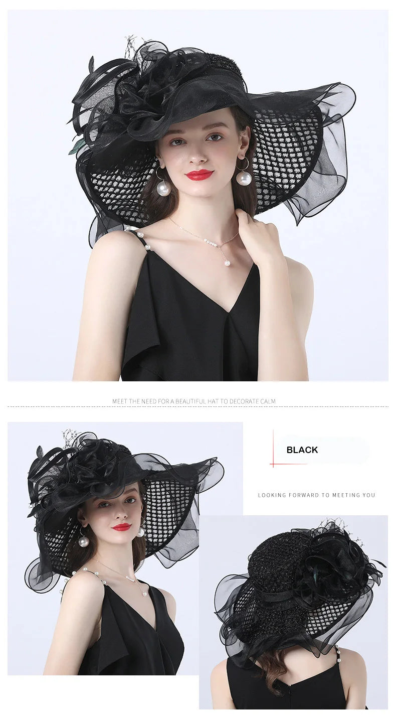 FS Women Organza Red Hats Wedding Fascinators Elegant Big Wide Brim Fedora Kentucky Derby Hats Party Formal Church Ladies Hat