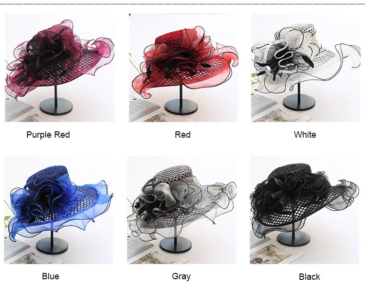 FS Women Organza Red Hats Wedding Fascinators Elegant Big Wide Brim Fedora Kentucky Derby Hats Party Formal Church Ladies Hat