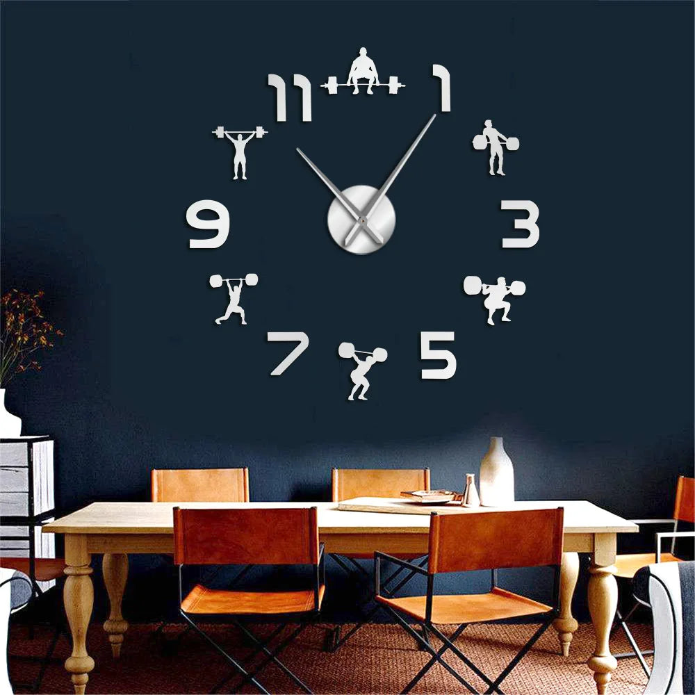 Weightlifting Fitness Room Wall Decor DIY Giant Wall Clock Mirror Effect Powerlifting Frameless Large Wall Clock GYM Wall Watch