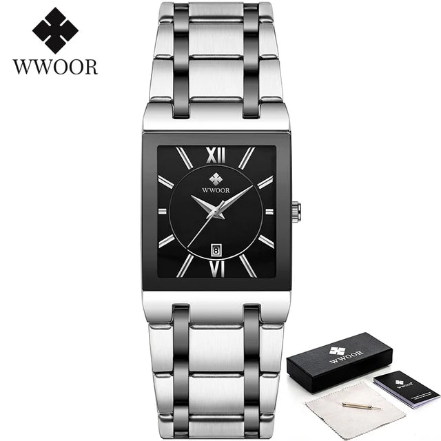 WWOOR Fashion Square White Watches Mens Top Brand Luxury Quartz Wristwatches For Men Casual Waterproof Silver Clock Reloj Hombre