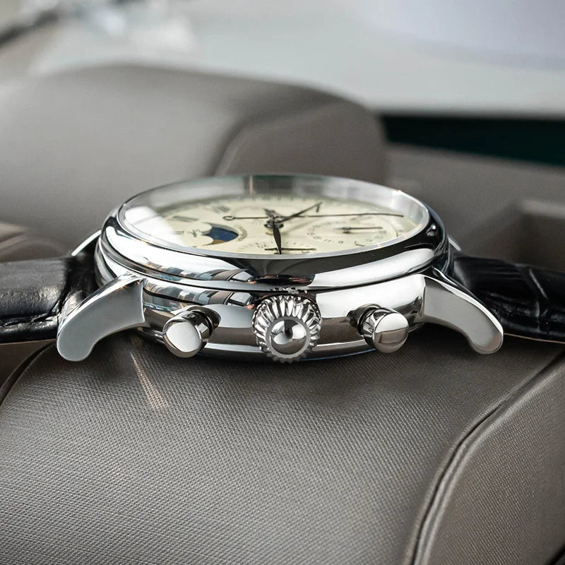 Sugess Chronograph ST1908 Movement Vintage Leather Watch Hand Winding Mechanical 59 Wheels Genuine Moonphase Calendar
