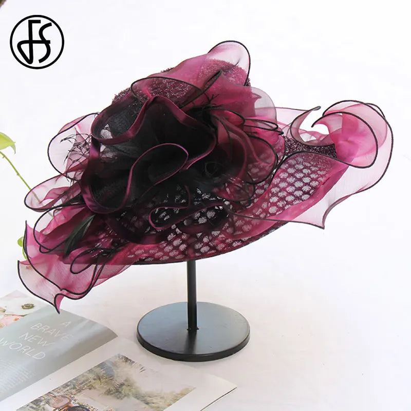 FS Women Organza Red Hats Wedding Fascinators Elegant Big Wide Brim Fedora Kentucky Derby Hats Party Formal Church Ladies Hat