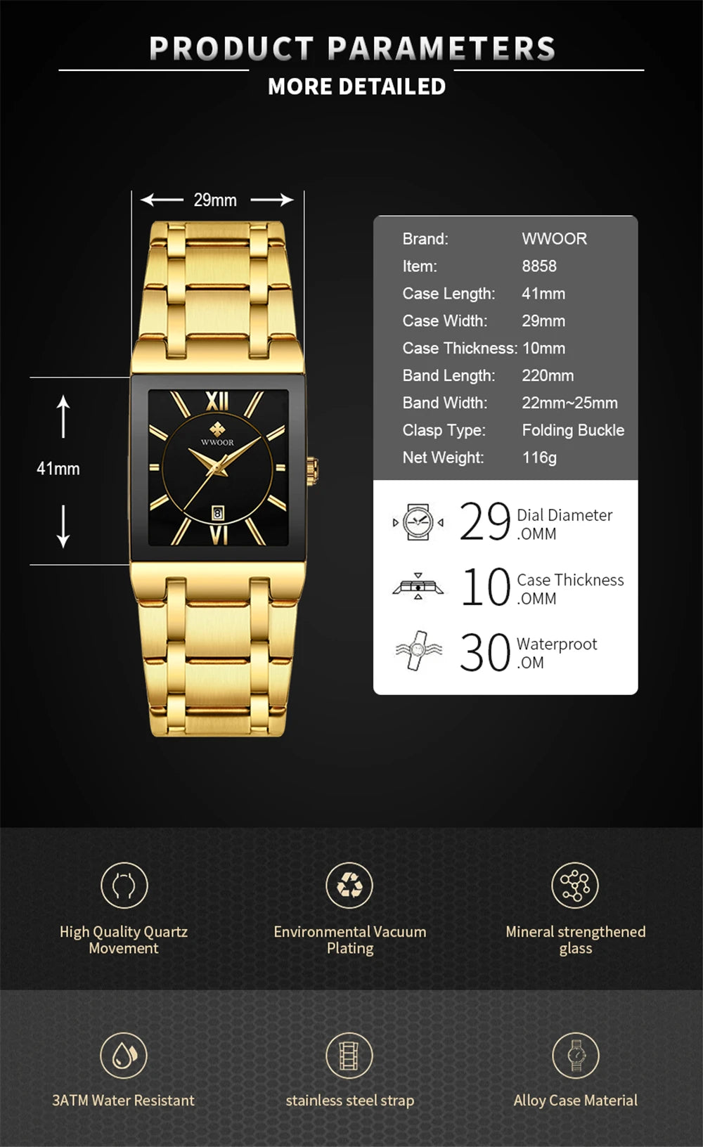 WWOOR Fashion Square White Watches Mens Top Brand Luxury Quartz Wristwatches For Men Casual Waterproof Silver Clock Reloj Hombre
