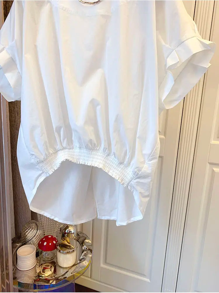 Woherb Cotton Asymmetrical Crop Blouse Women Korean Pleated Bow Bandage Shirt Casual O-neck Solid Elegant Blusas Mujer Moda 2026