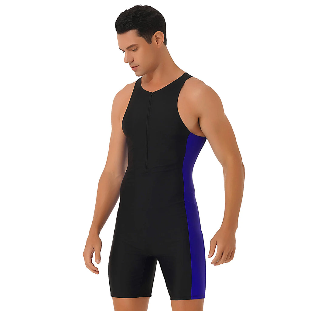 Men One-piece Swimwear Sleeveless Color Contrast Bodysuit Triathlon Wetsuit for Beach Pool Swimming Bathing Suits Male Swimsuits