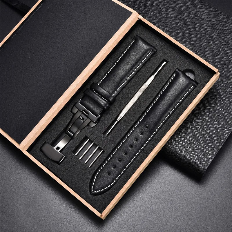 18mm 20mm 22mm 24mm Leather Watch Strap with Box Stainless Steel Butterly Clasp Leather Strap Bracelet Men Women Watchbands