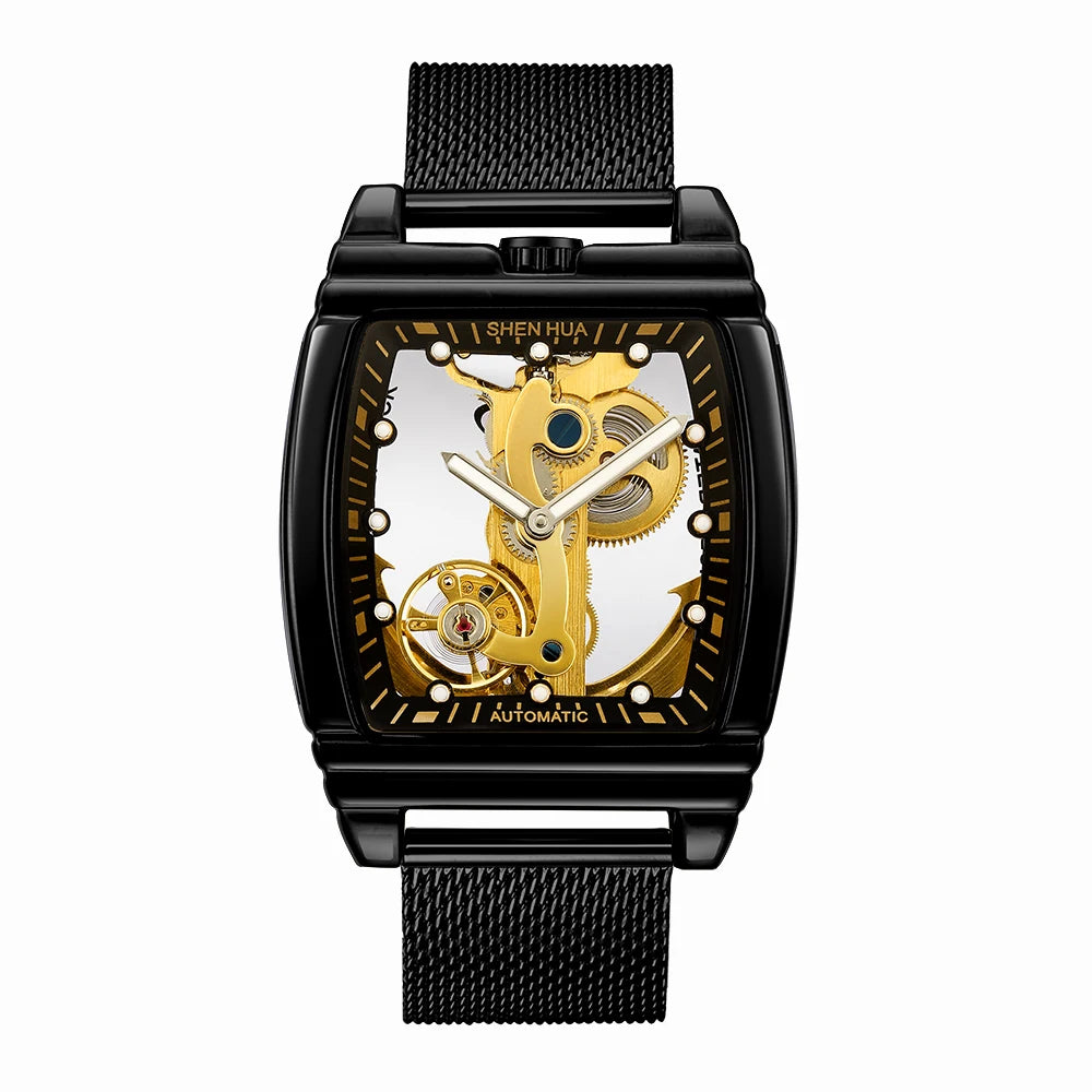 Luxury Transparent Automatic Mechanical Men Watch Steampunk Skeleton Gear Self Winding Leather Men's Clock Watches montre homme