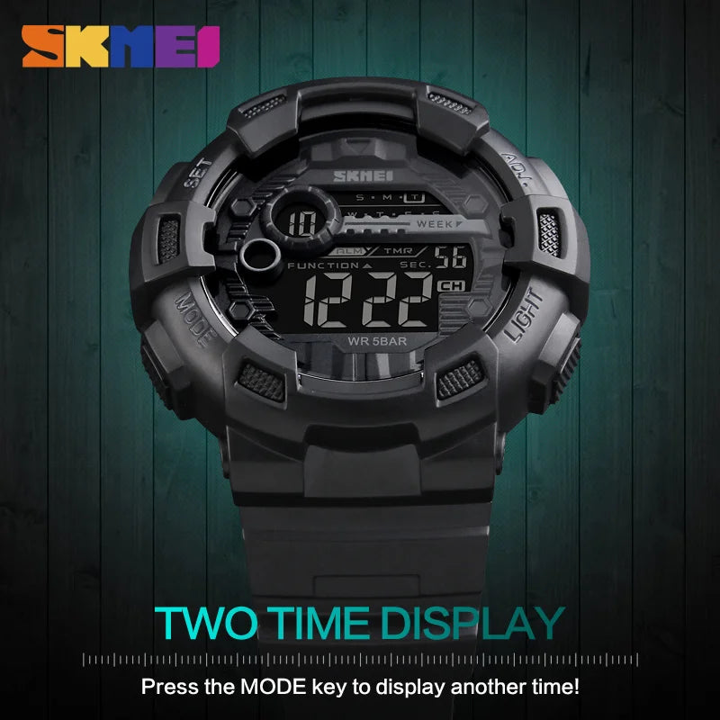 SKMEI 1243 Men Electronic LED Week Date Wristwatch Fashion 50M Waterproof Luminous Hands Silicone Digital Male Alarm Clock Watch