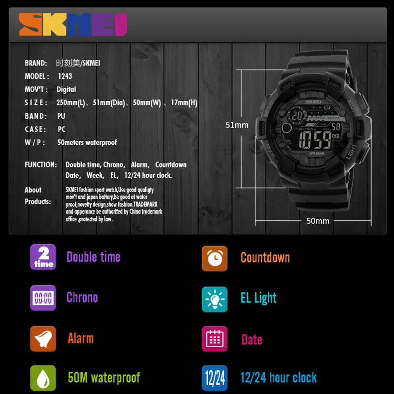 SKMEI 1243 Men Electronic LED Week Date Wristwatch Fashion 50M Waterproof Luminous Hands Silicone Digital Male Alarm Clock Watch