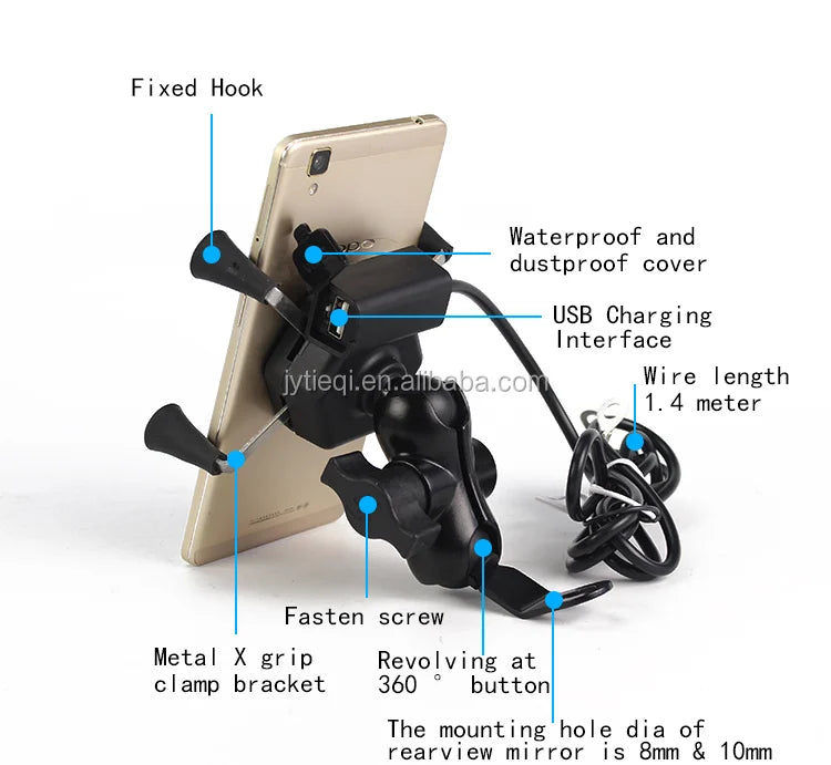 Adjustable Motorcycle Phone Charging Holder Mobile Phone Holder With USB Charger