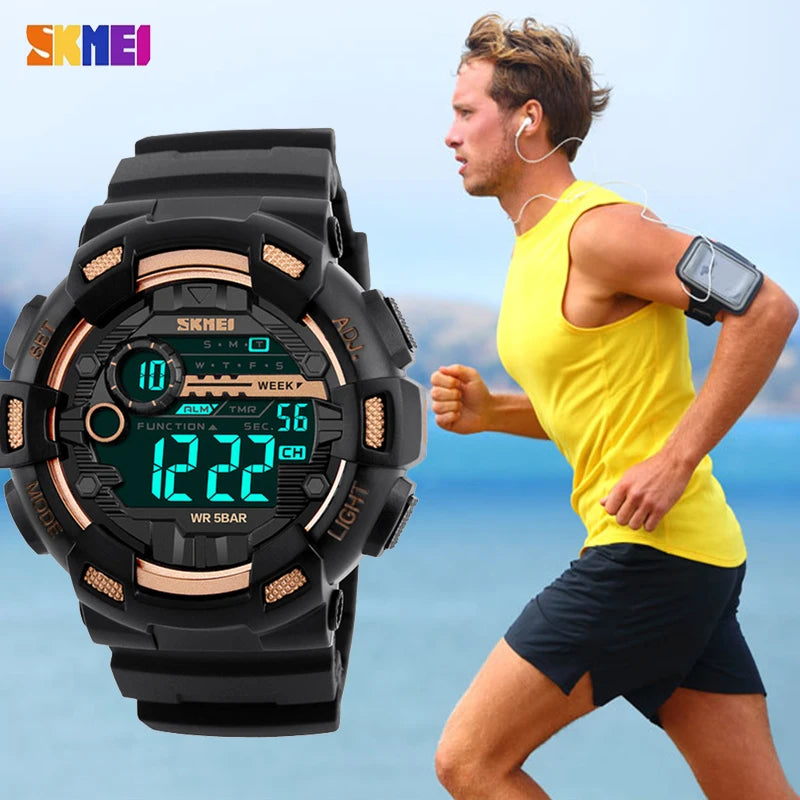 SKMEI 1243 Men Electronic LED Week Date Wristwatch Fashion 50M Waterproof Luminous Hands Silicone Digital Male Alarm Clock Watch