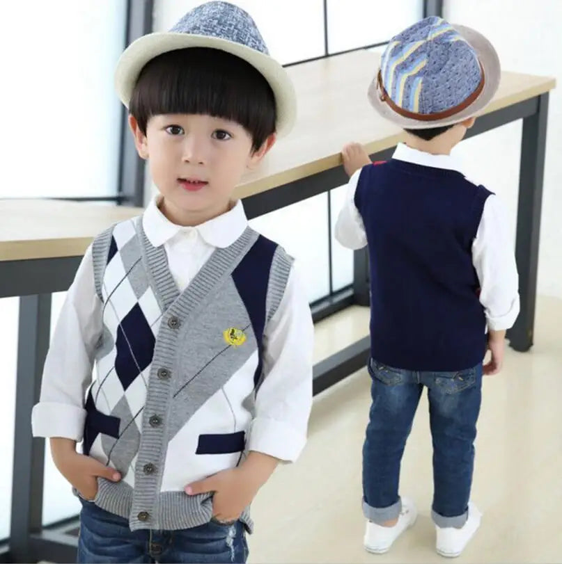 2025 Autumn Spring Kids Boy Sweater Vest Girl Children Clothing Plaid Stitching Coat Baby Cotton thick top Boys Cardigan Vest