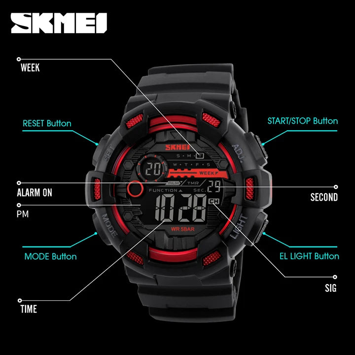 SKMEI 1243 Men Electronic LED Week Date Wristwatch Fashion 50M Waterproof Luminous Hands Silicone Digital Male Alarm Clock Watch