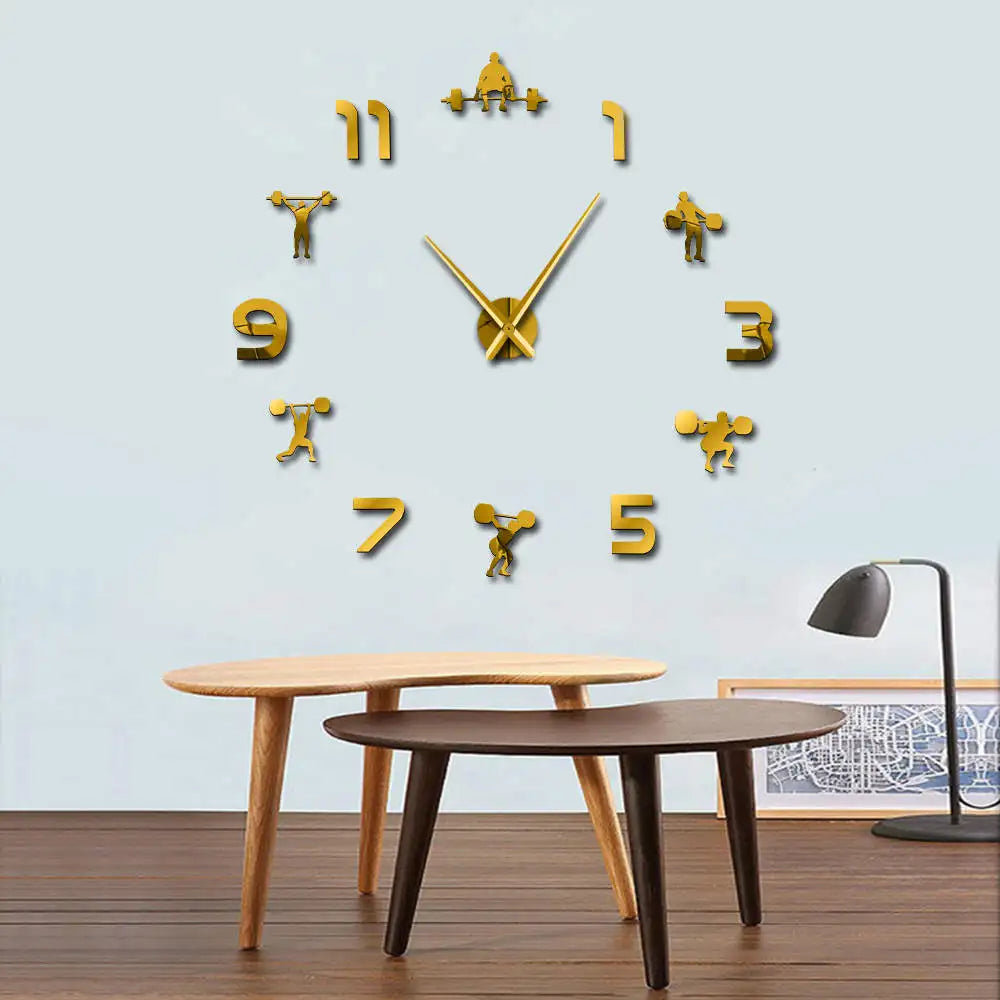 Weightlifting Fitness Room Wall Decor DIY Giant Wall Clock Mirror Effect Powerlifting Frameless Large Wall Clock GYM Wall Watch