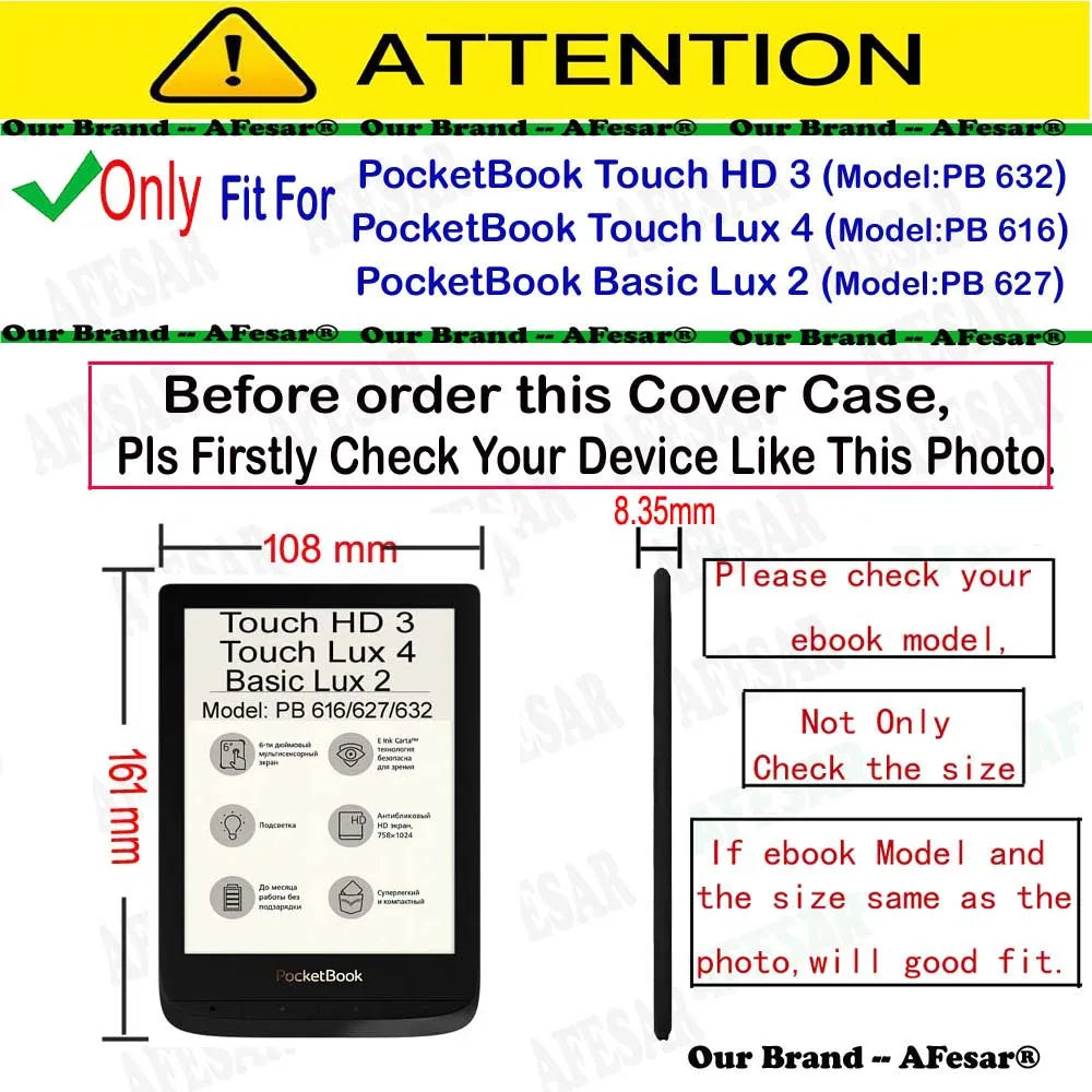 Pocketbook Basic Lux 2/Touch Lux 4/HD 3 Smart Case, UltraSlim Leather Cover For Pocketbook 616/627/632 Auto Sleep +Film