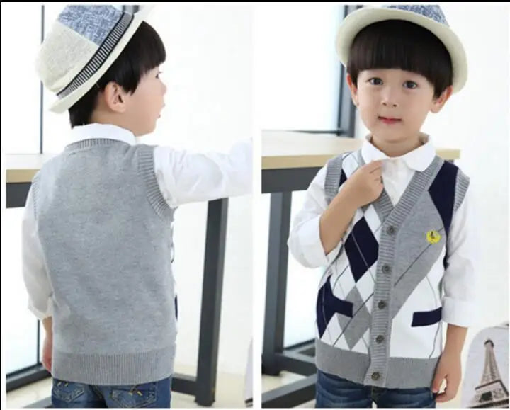 2025 Autumn Spring Kids Boy Sweater Vest Girl Children Clothing Plaid Stitching Coat Baby Cotton thick top Boys Cardigan Vest