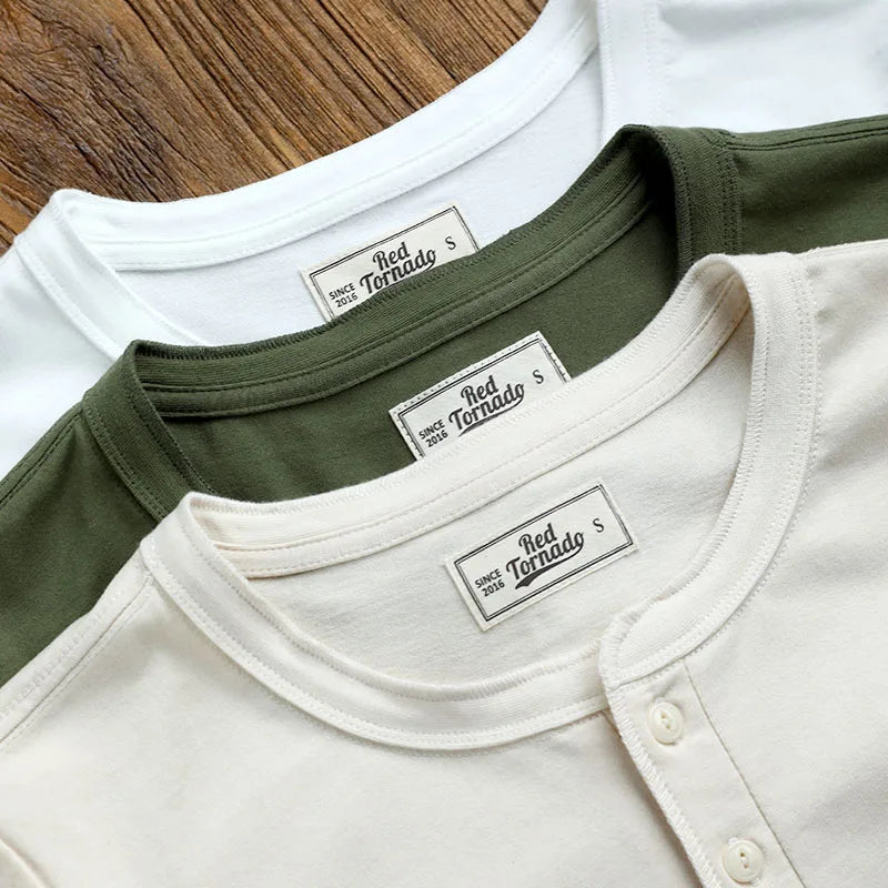 T1-0007 Red Tornado Asian Size Super Good Quality Mans 260GSM Heavy Thick Casual Henley Tee Cotton 7 Colors