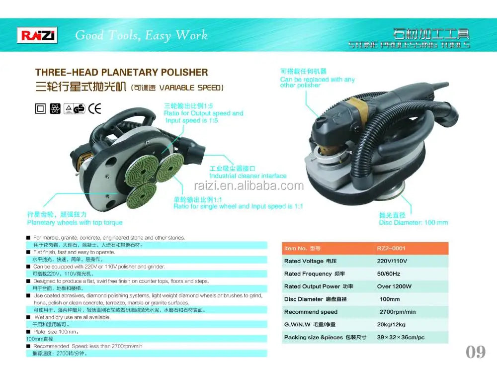 RAIZI-Over 1200W Electronic Stone Handheld Wet Polishing Grinder for Polishing Concrete ,marble ,granite,engineered Stone