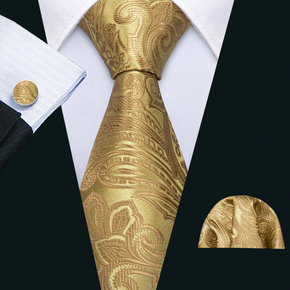 Free Shipping Men's Yellow PaisleyTie Classic Wedding Necktie and Pocket Square Cufflinks Set