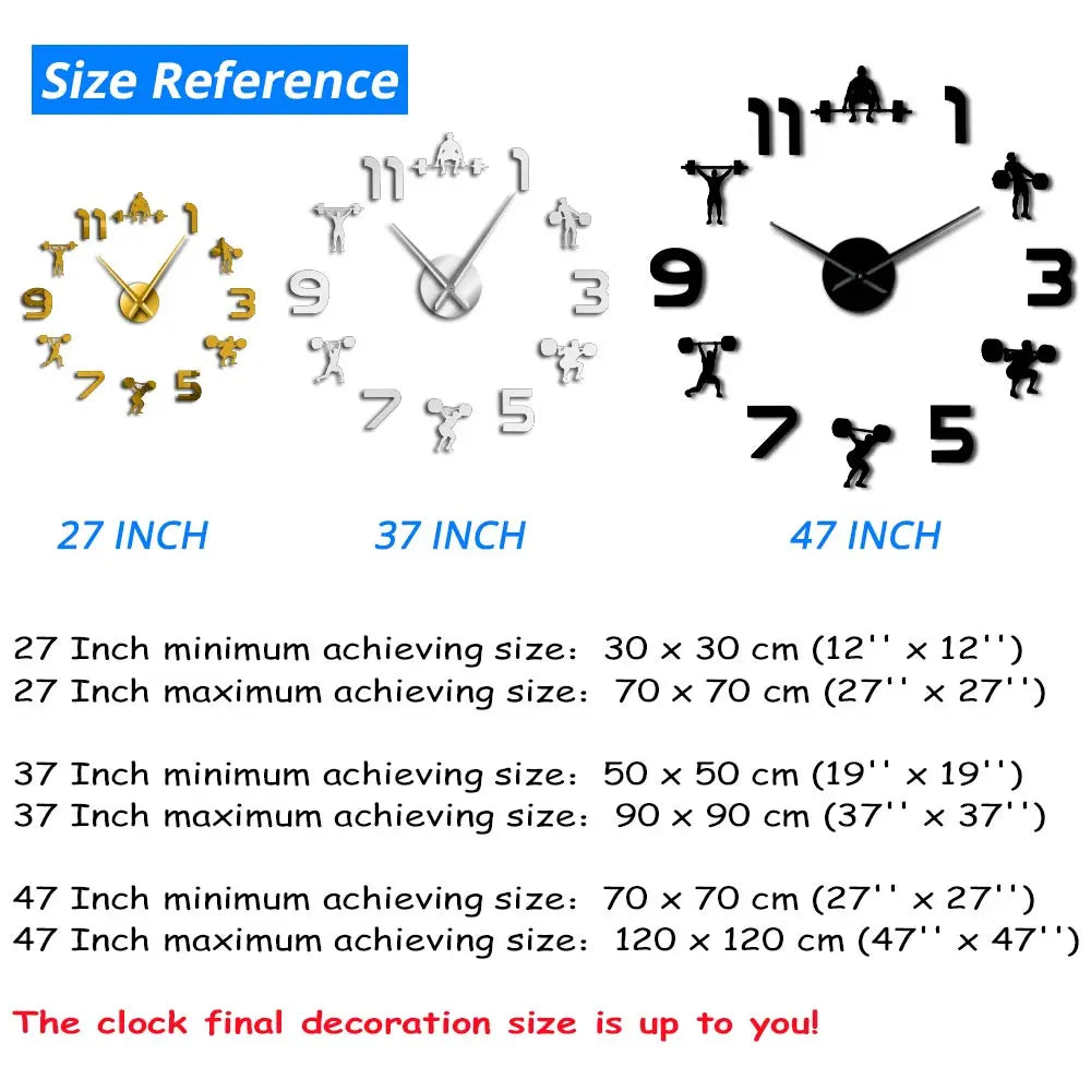 Weightlifting Fitness Room Wall Decor DIY Giant Wall Clock Mirror Effect Powerlifting Frameless Large Wall Clock GYM Wall Watch