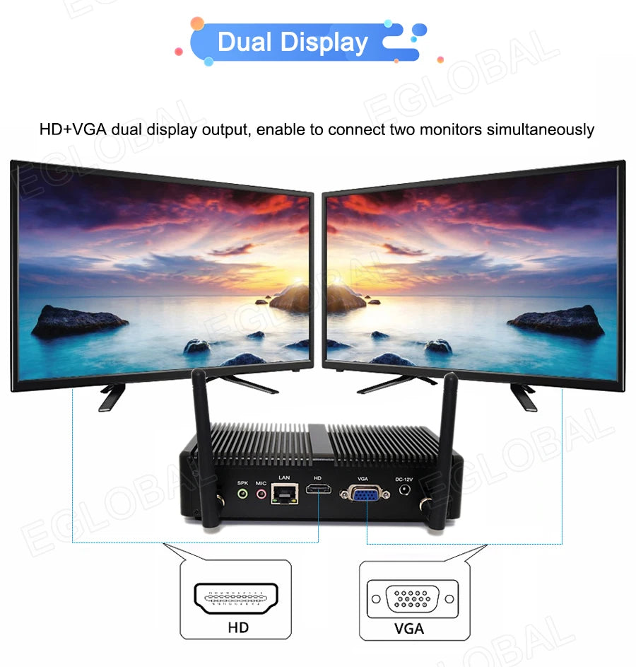Eglobal Cheap Fanless Mini PC Windows 10 Pro Intel i5 7200U i3 7167U DDR4/DDR3 Barebone Computer Components4K HTPC WiFi HDMI VGA