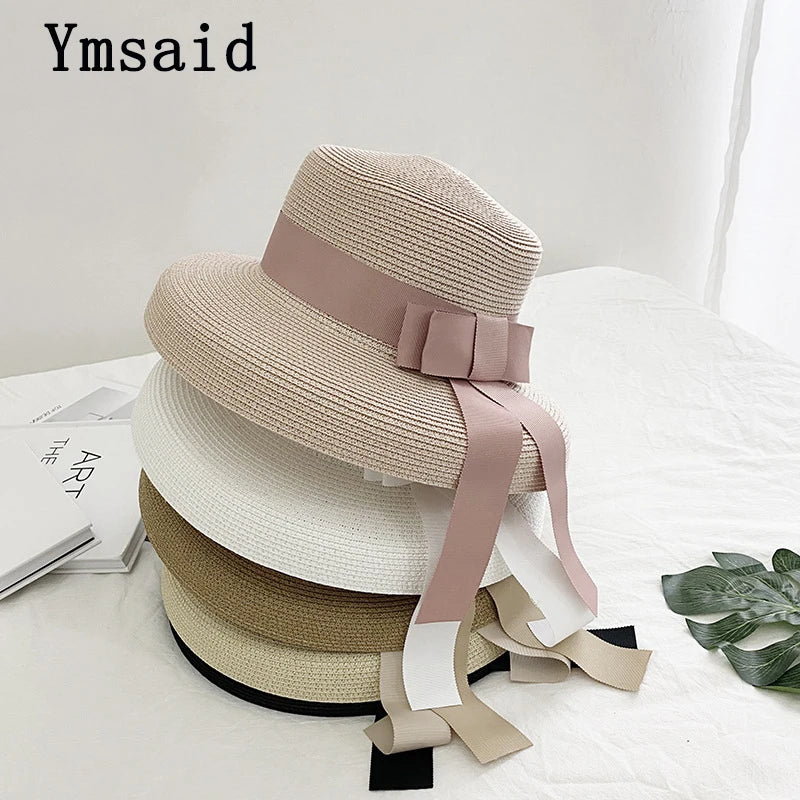 2025 New Summer Sun Hat Bow Straw Hat Visor Temperament Flat Panama Hats Women's Sea Beach Vacation Leisure Sunscreen Hat
