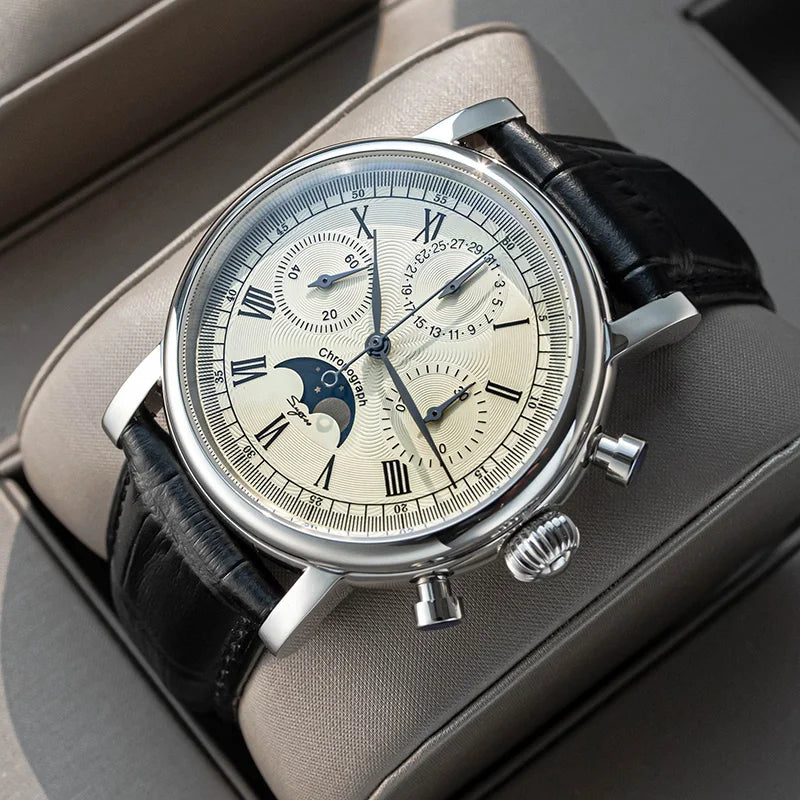 Sugess Chronograph ST1908 Movement Vintage Leather Watch Hand Winding Mechanical 59 Wheels Genuine Moonphase Calendar