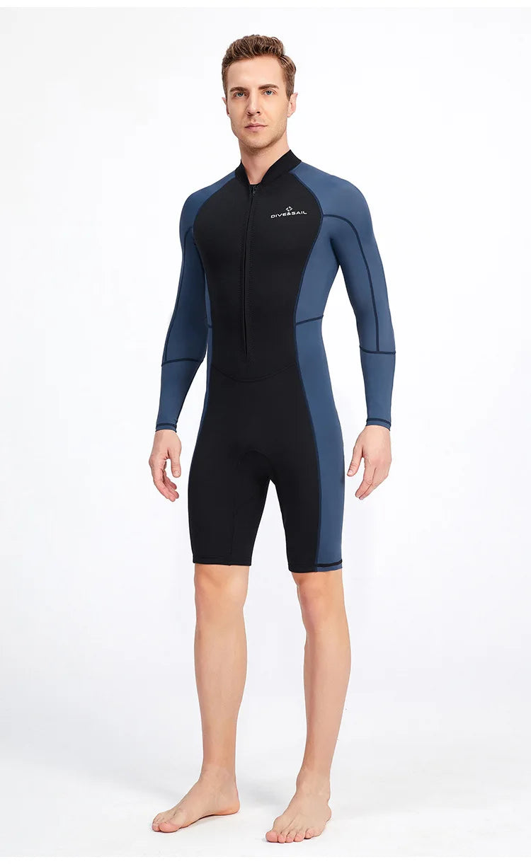 Men 1.5MM Diving Wetsuit One-piece Long-sleeve Sunscreen Wetsuit Snorkeling Surfing Warm Swimming Suit