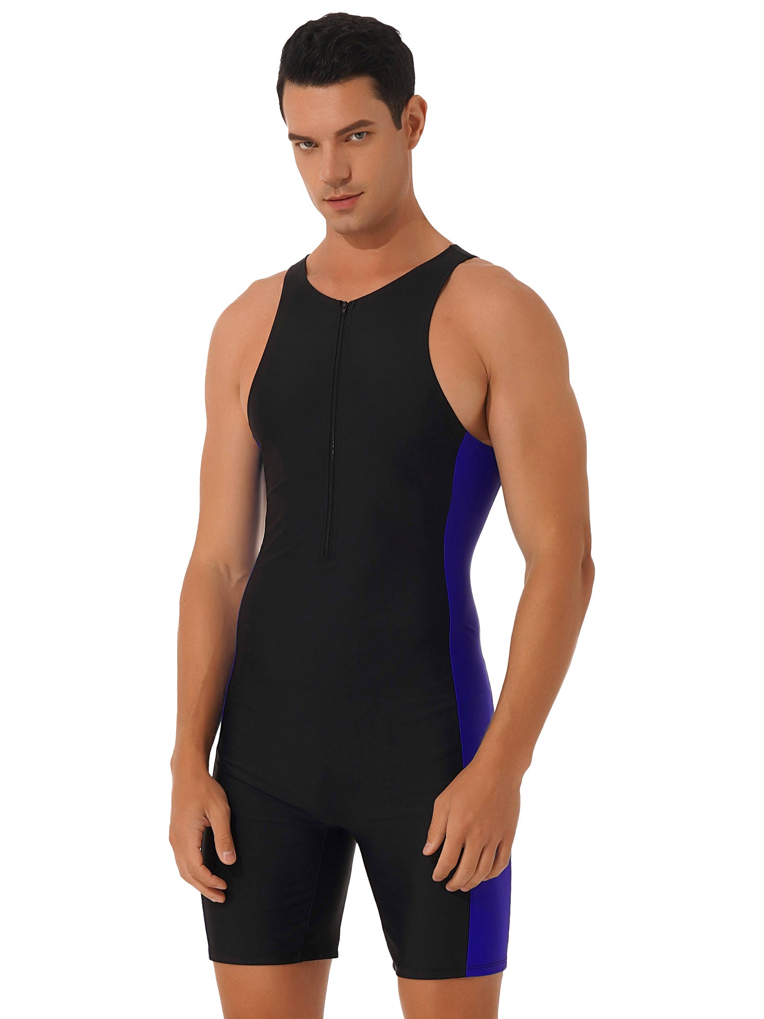 Mens Swimwear One-piece Wetsuit Swimming Bathing Suit Round Neck Sleeveless Side Shorts Bodysuit Triathlon Front Zipper Swimsuit