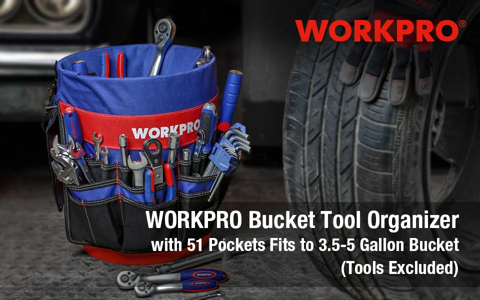 WORKPRO 5 Gallon Bucket Tool Organizer Bucket Boss Tool Bag with 51 Pockets Fits to 3.5-5 Gallon Bucket (Tools Excluded)