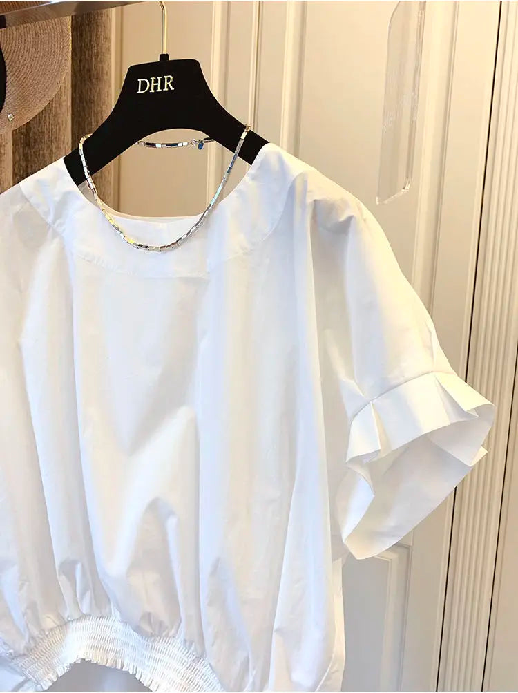 Woherb Cotton Asymmetrical Crop Blouse Women Korean Pleated Bow Bandage Shirt Casual O-neck Solid Elegant Blusas Mujer Moda 2026