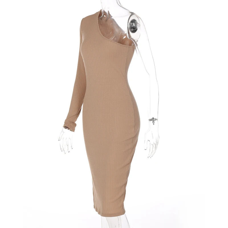 Solid Striped Knitted Women Long Sleeve One Shoulder Midi Dress Bodycon Sexy Streetwear 2021 Autumn Winter Elegant Club