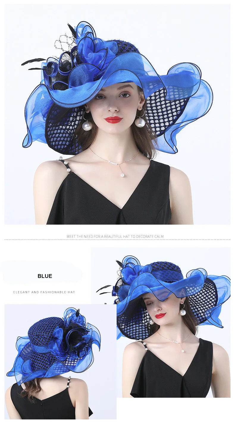 FS Women Organza Red Hats Wedding Fascinators Elegant Big Wide Brim Fedora Kentucky Derby Hats Party Formal Church Ladies Hat