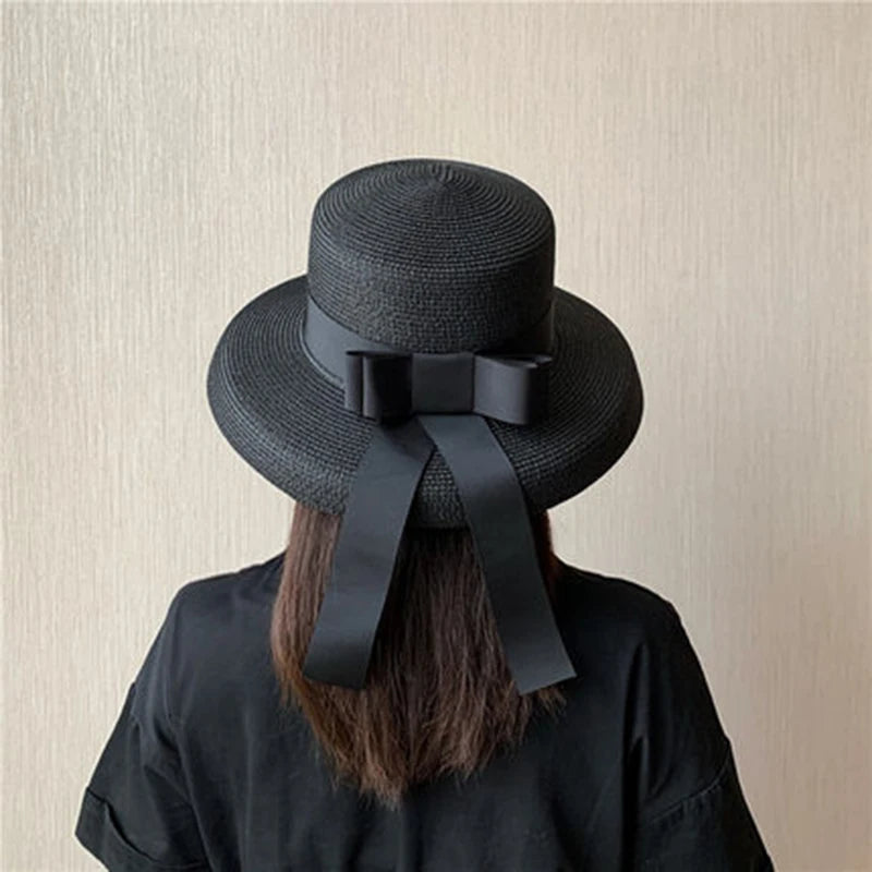 2025 New Summer Sun Hat Bow Straw Hat Visor Temperament Flat Panama Hats Women's Sea Beach Vacation Leisure Sunscreen Hat