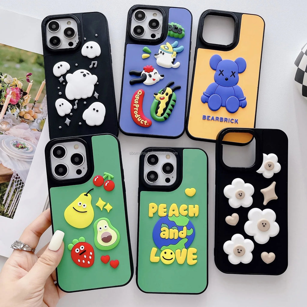 3D Real Silicone Case for iPhone 14 15 16 Pro Max Cartoon Design Phone Cover Funny Custodia Telephone 13 12 Pro Max
