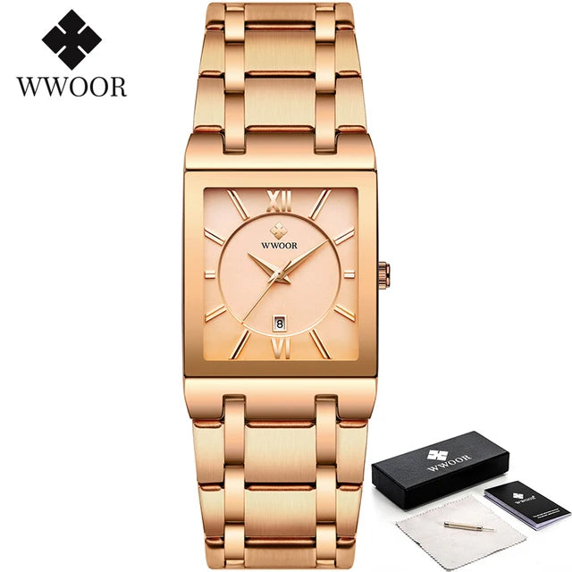WWOOR Fashion Square White Watches Mens Top Brand Luxury Quartz Wristwatches For Men Casual Waterproof Silver Clock Reloj Hombre